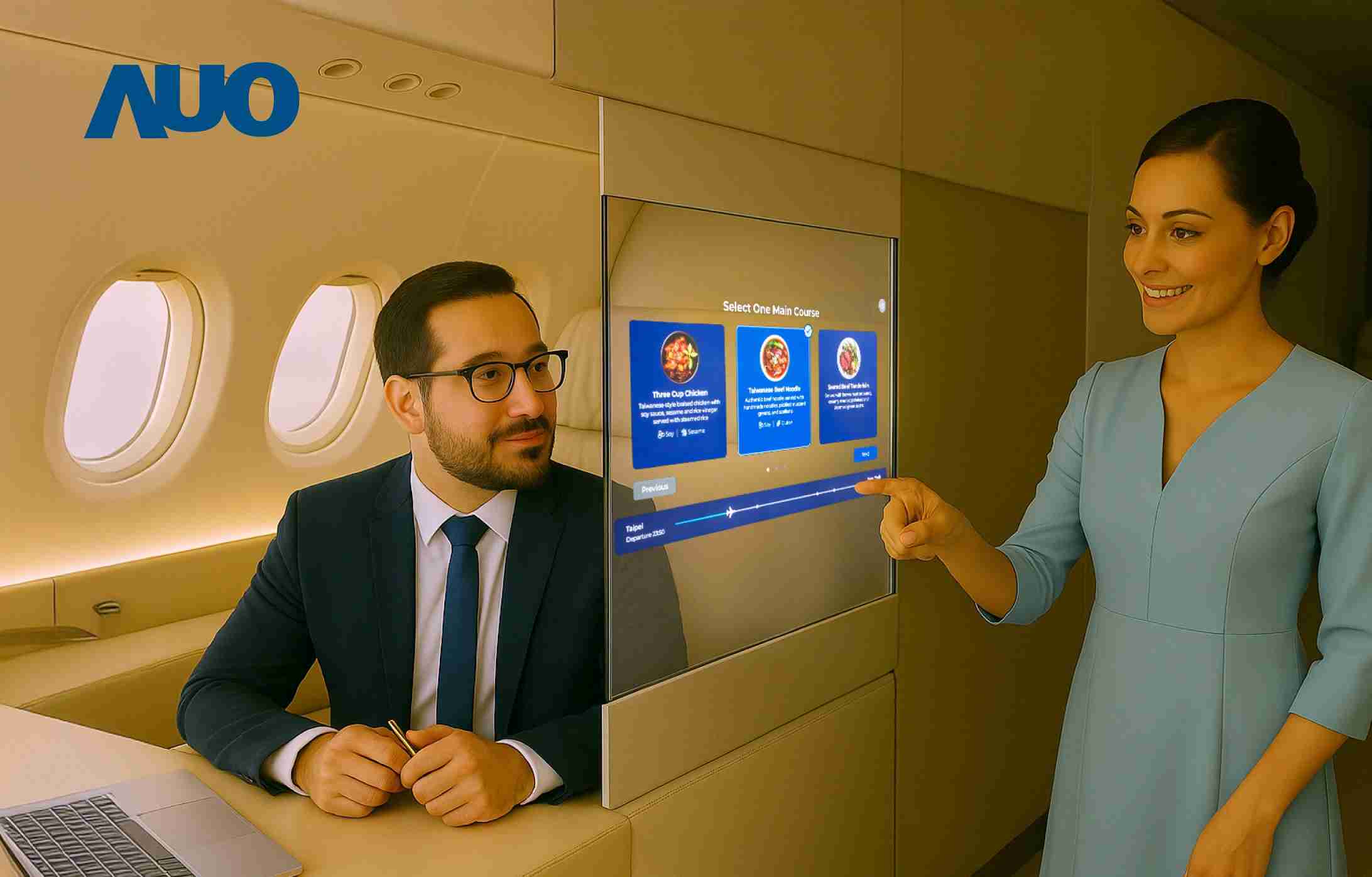 尊龙集团研发全球最薄17.3 吋双面透明 Micro LED 显示器，，，可在同一屏幕之双边投射不同信息，，，，创造独特的”透明化”互动；图为实时翻译交流应用情境